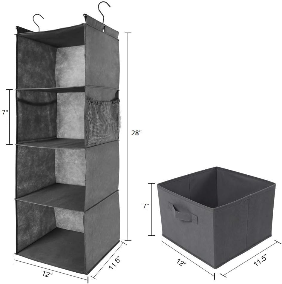 Max Houser 4-Shelf Hanging Closet Organizer, Space Saver, Cloth Hanging Shelves With 2 Side Pockets, Foldable (Grey)