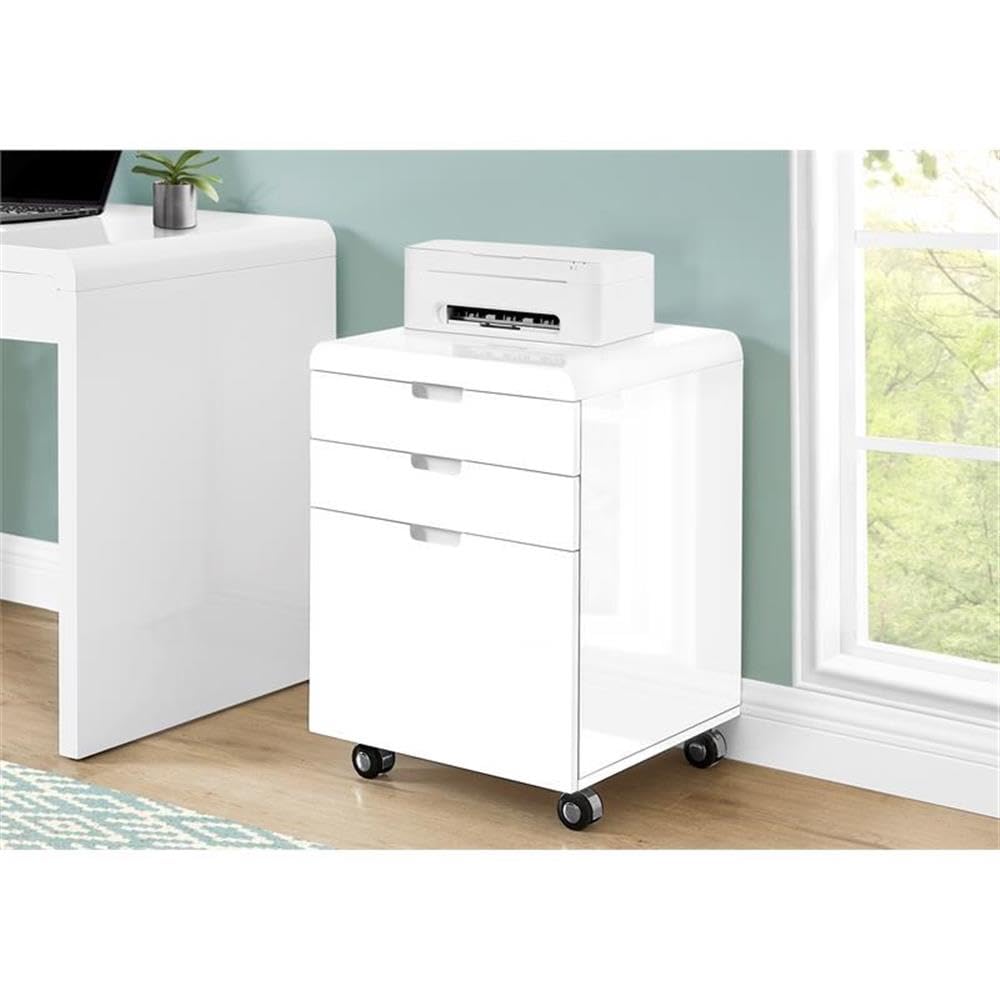 Monarch Specialties I 7583 File Cabinet, Rolling Mobile, Storage Drawers, Printer Stand, Office, Work, Laminate, Glossy White, Contemporary, Modern