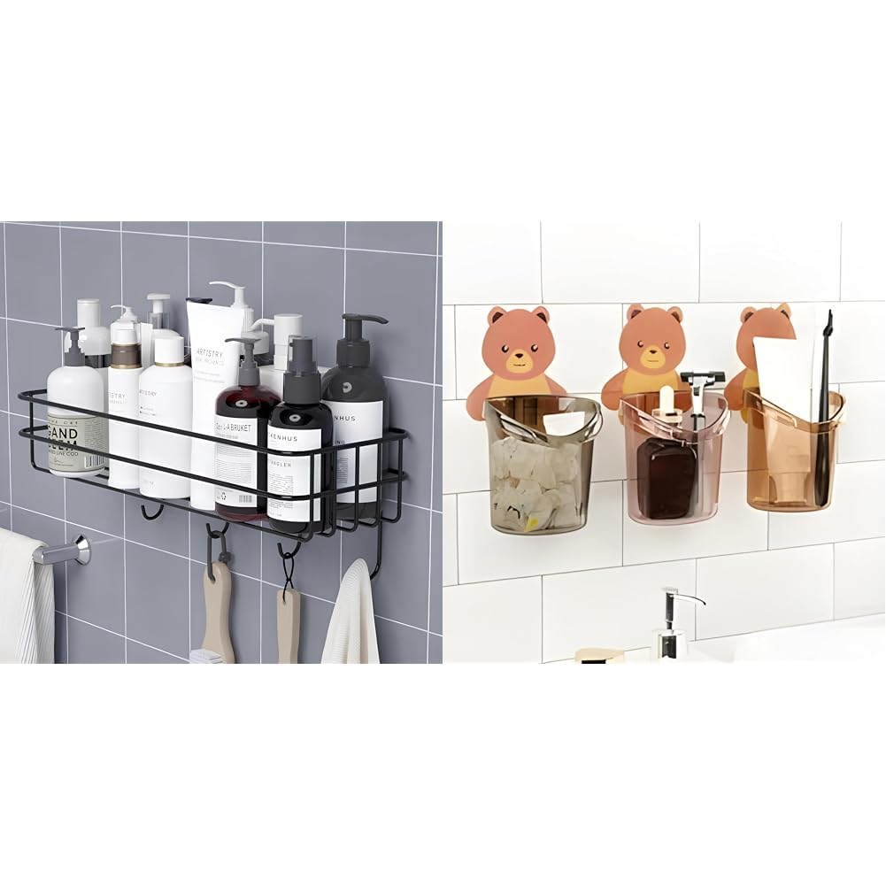 Boniry Stainless Steel Bathroom Shelf For Wall, Self Adhesive Bathroom Organiser, 4 Hooks For Towel