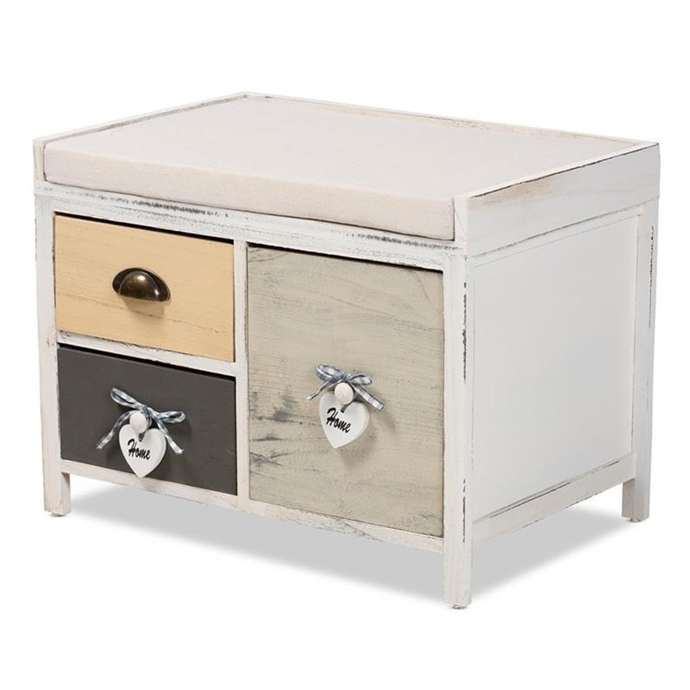 Baxton Studio Jacoby Modern Transitional Beige Fabric Upholstered and Multi-Colored Wood 3-Drawer Storage Bench