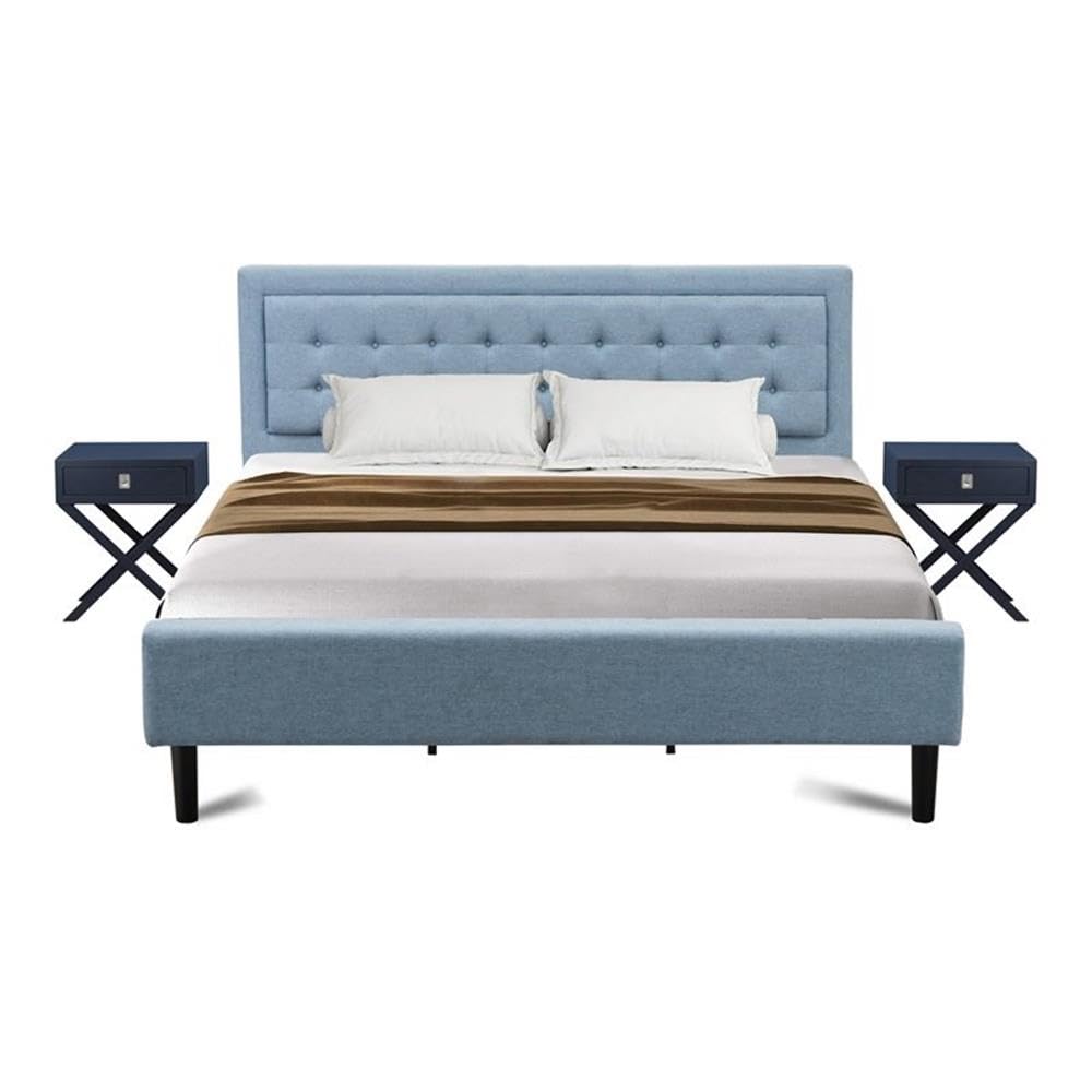 East West Furniture FN11K-2HA15 3-Piece Platform Bedroom Set with 1 Modern Bed and 2 Night Stands for Bedrooms - Reliable and Durable Construction - Denim Blue Linen Fabric