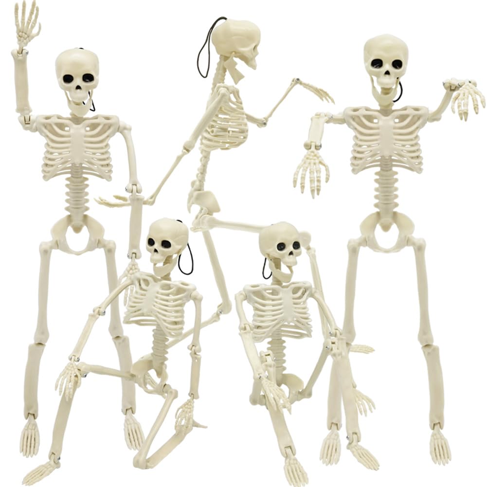 Wodmaz 5 Packs Halloween Skeleton Decorations, 16' Halloween Full Body Mini Skeleton With Movable Posable Joints, Spooky Plasti