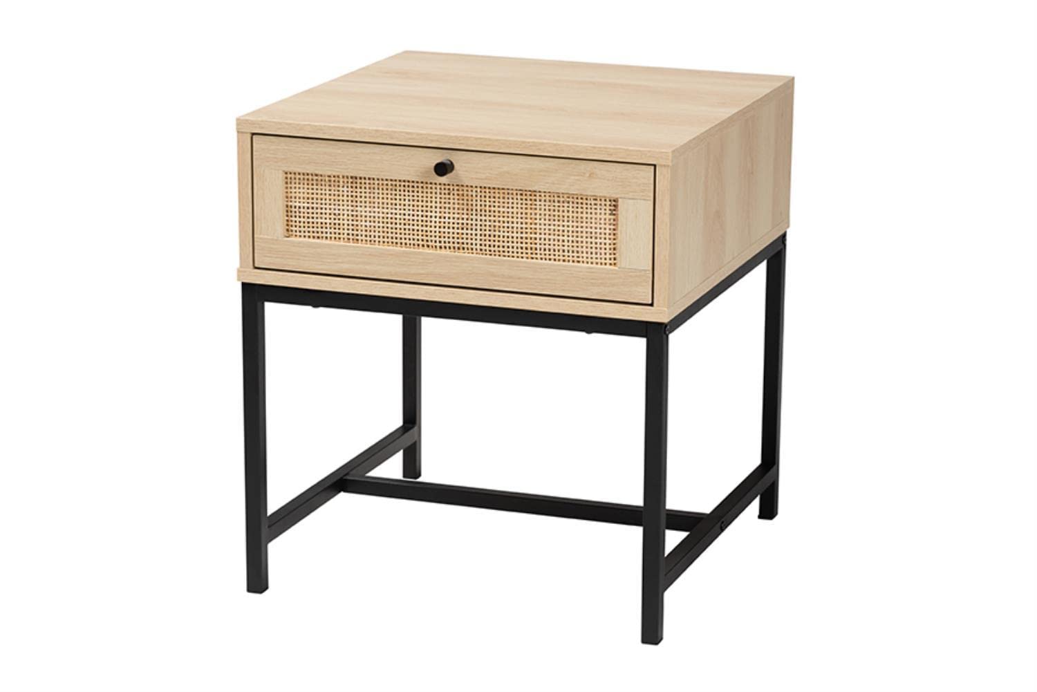 Baxton Studio Caterina Natural Brown Wood and Natural Rattan 1-Drawer End Table