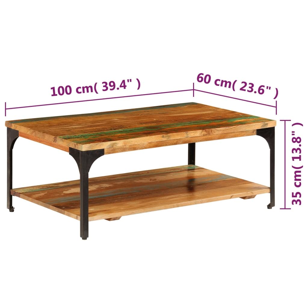 vidaXL Fully Handmade Rectangular Coffee Table - Solid Reclaimed Wood & Power-Coated Steel - 39.4&quot;x23.6&quot;x13.8&quot; with Shelf for Storage