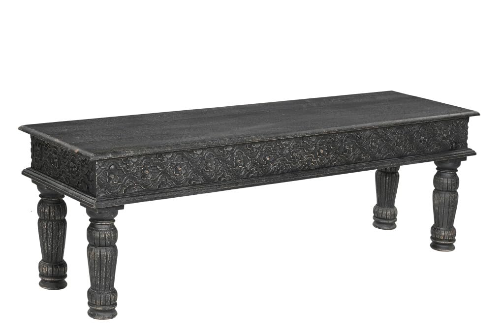 HomeRoots 522089 58 in. Black Distressed Solid Wood Dining Bench