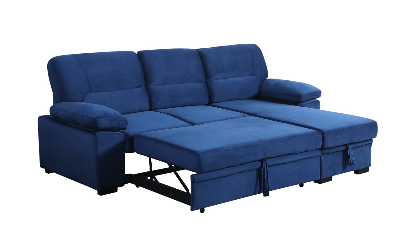 Lilola Home Kipling Blue Velvet Fabric Reversible Sleeper Sectional Sofa Chaise