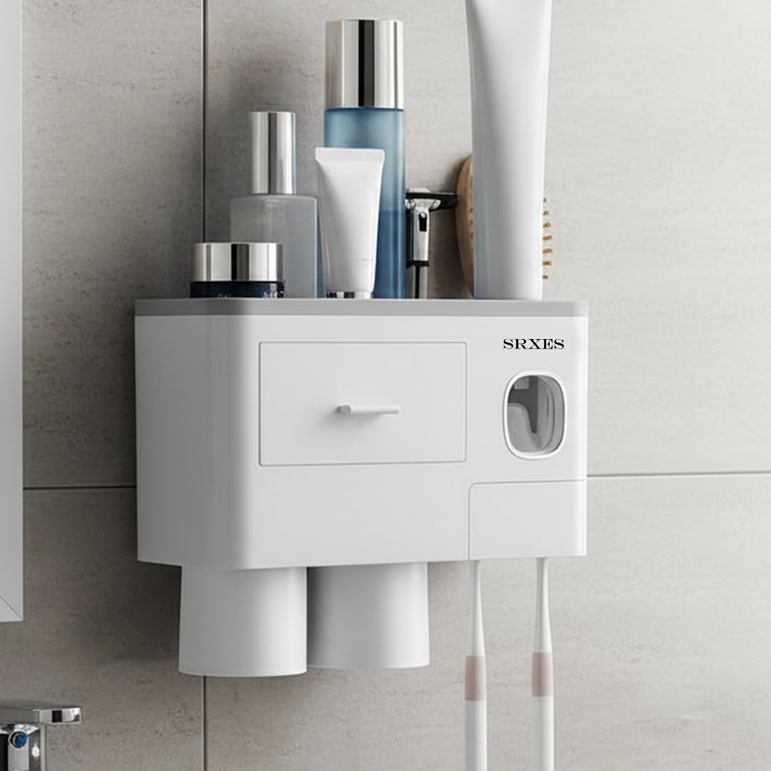 Srxes Toothbrush Holder Wall Mounted , Automatic Toothpaste Dispenser Kit with Magnetic Cups, 6 Brush Holder (2 Cup, White & Gre
