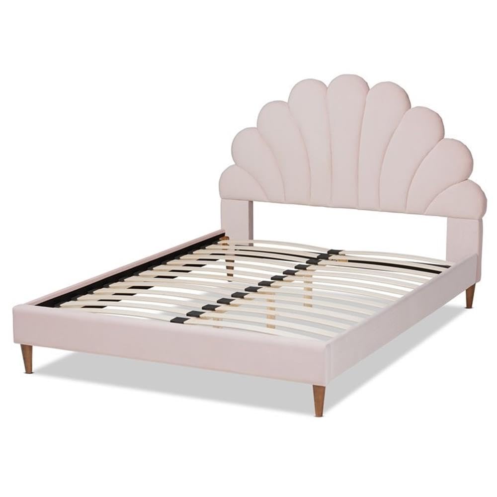 Baxton Studio Odille Queen Size Light Pink Velvet Seashell Shaped Platform Bed