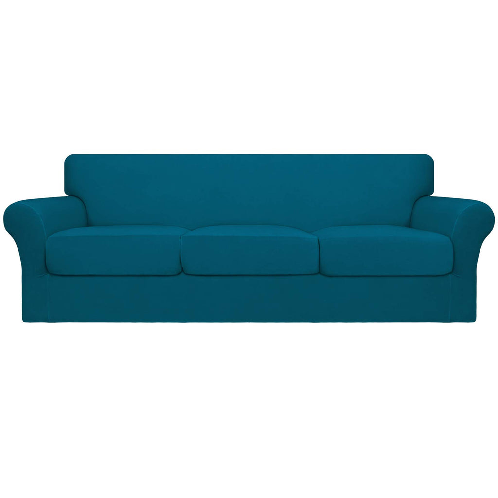 Easy-Going 4 Pieces Oversized Stretch Soft Couch Cover For Dogs - Washable Sofa Slipcover For 3 Separate Cushion Couch - Elastic Furniture Protector For Pets, Kids Peacock Blue