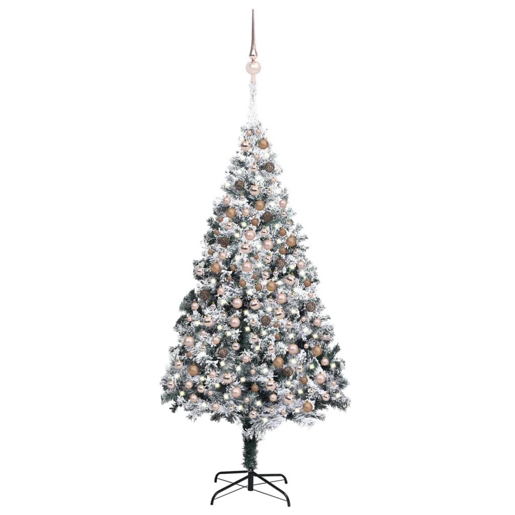 vidaXL Artificial 94.5&quot; Green Christmas Tree with LEDs & Rose Gold Balls| Snow Flocked, Densely PVC Braches | Energy Efficient LED Lights | Easy Assembly | Home Holiday Decor