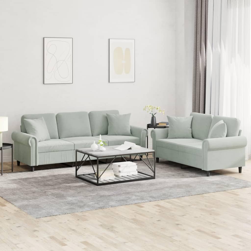 vidaXL Light Gray Velvet Sofa Set - Modern Loveseat & Couch Combo with Pillows and Comfortable Padded Seating for Living Room or Lounge