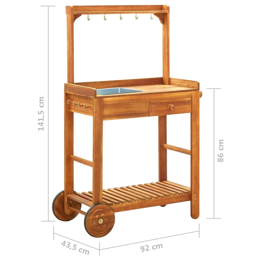 vidaXL Garden Kitchen Trolley with Storage and Hooks, Portable Serving Cart, Solid Acacia Wood Construction, Indoor or Outdoor Use, Brown