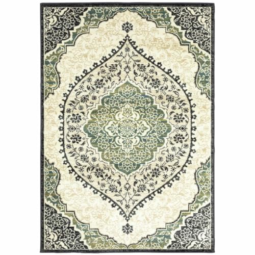 HomeRoots 508811 10 x 13 ft. Ivory Navy & Green Oriental Power Loom Stain Resistant Rectangle Area Rug