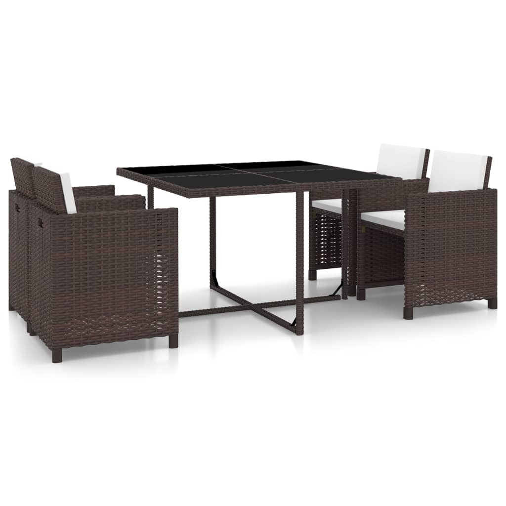 vidaXL Patio Dining Set 5 Piece, Dining Table Set with Glass Tabletop, Rattan Chairs with Cushions, Outdoor Furniture Set, Poly Rattan Brown