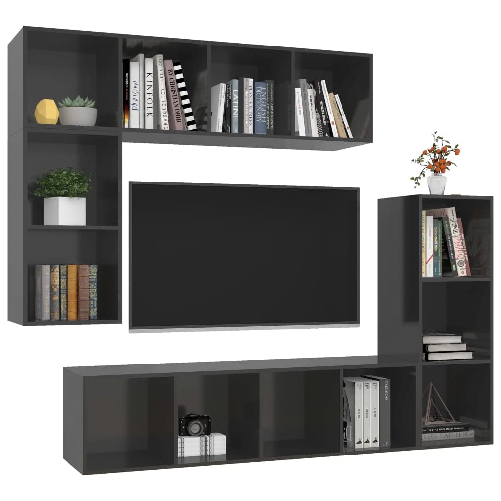 vidaXL TV Stand Set 4 Piece, TV Unit for Living Room, Sideboard with Storage, Media Unit Entertainment Center, Modern, High Gloss Gray Engineered Wood