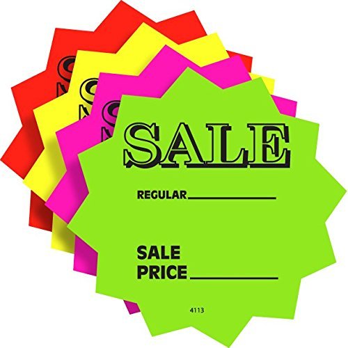 100 3' Sale Price Signs Fluorescent Neon Die Cut Solar Star Burst Retail Cards 25 Each Color, 1 Pack