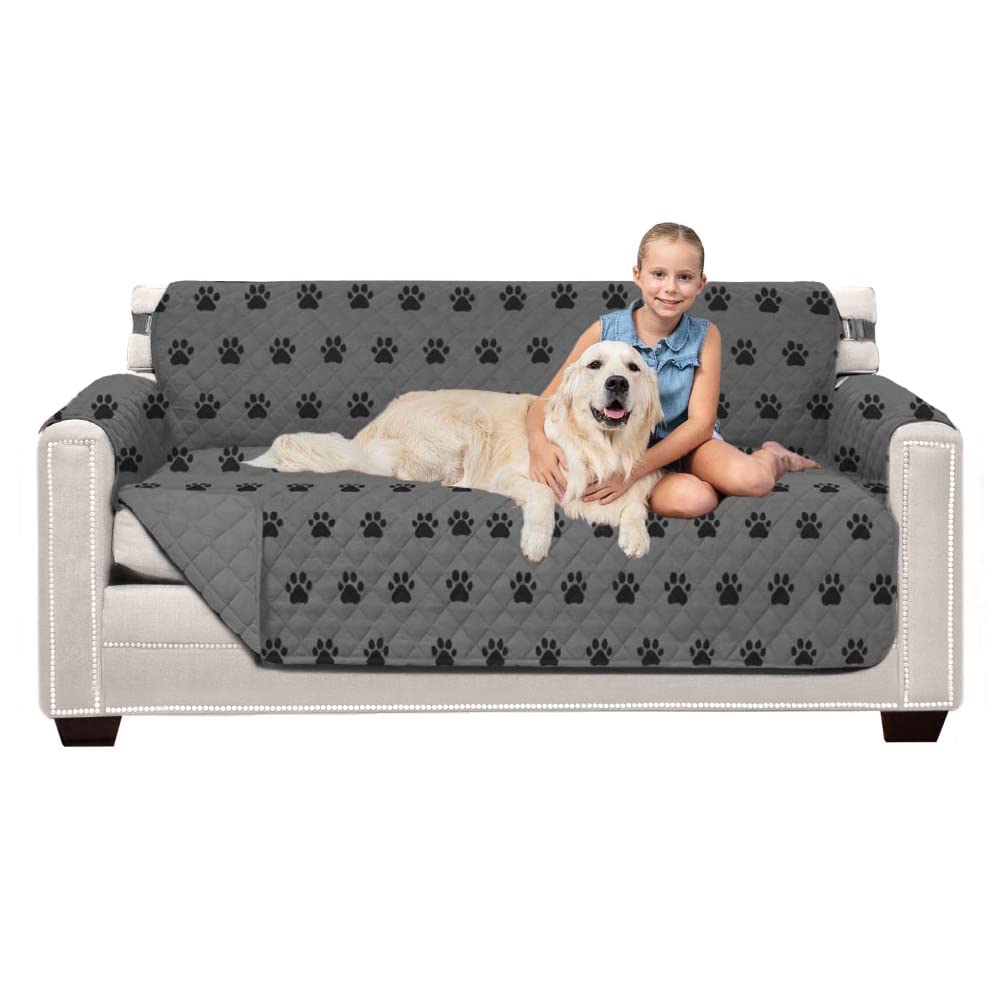 Sofa Shield Patented Couch Cover, Large Furniture Protector With Straps, Reversible Tear And Stain Resistant Slipcovers, Quilted Microfiber 62” Seat, Washable Covers For Dogs, Kids, Paw Gray Black