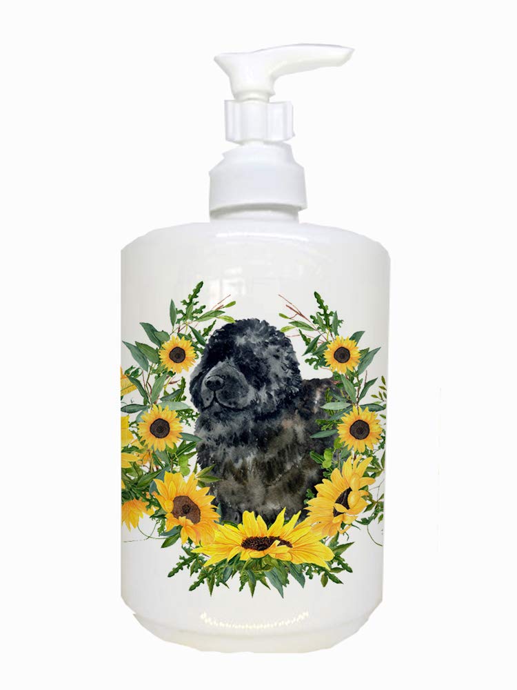 Caroline's Treasures CK2863SOAP Newfoundland in Sunflowers Ceramic Soap Dispenser Hand Soap Dispenser Pump Bottles for Bathroom 