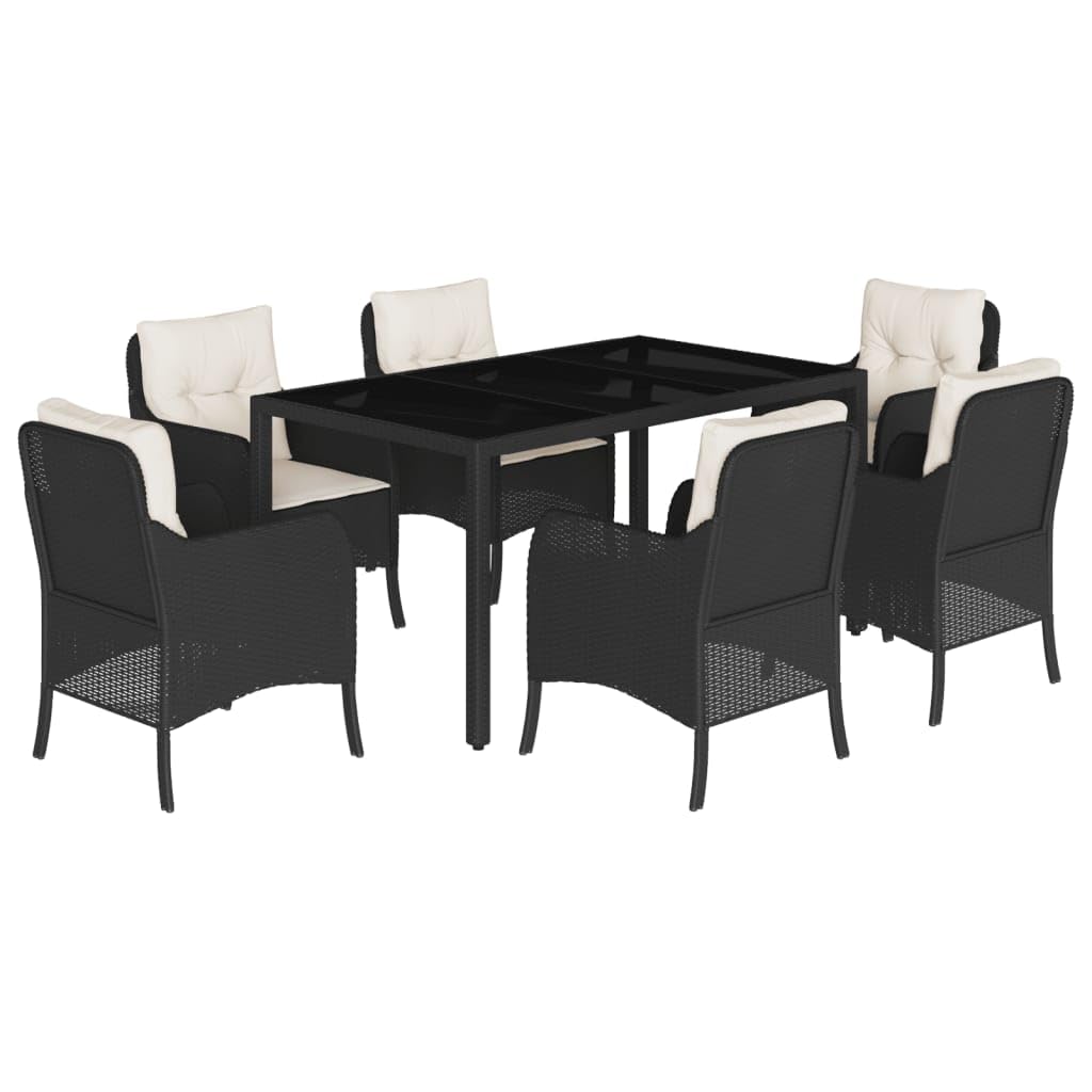 vidaXL 7 Piece Patio Dining Set - Black Poly Rattan/Garden Furniture/Outdoor Dining with Cushions & Glass Tabletop