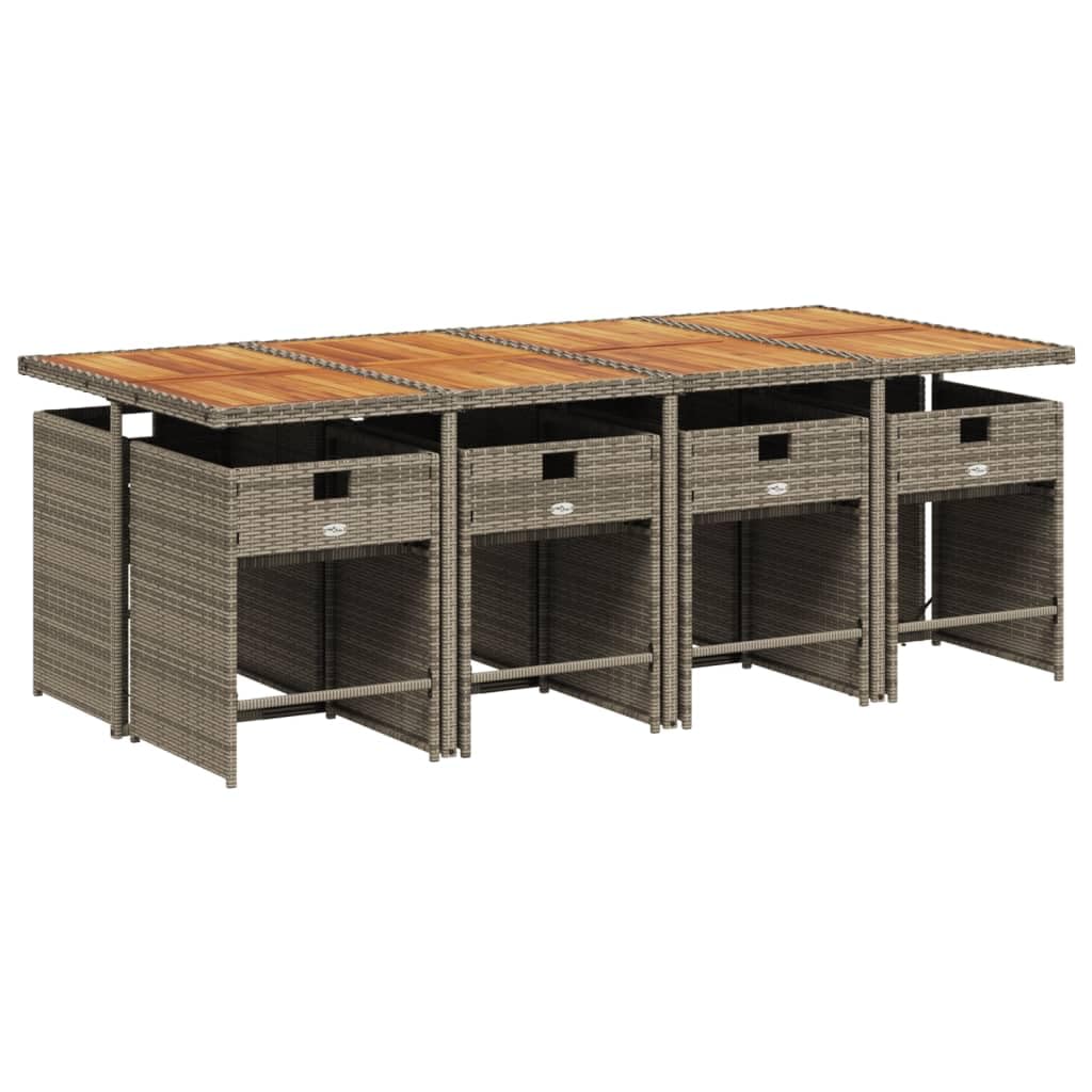 vidaXL 9-Piece Patio Dining Set - Gray Poly Rattan & Acacia Wood Table with Navy Cushions for Outdoor Garden, Backyard, Deck