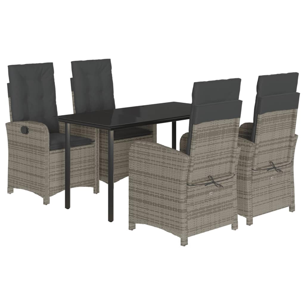 vidaXL 5 Piece Gray Patio Dining Set - PE Rattan with Cushions & Adjustable Backrests, Tempered Glass Tabletop for Garden/Backya