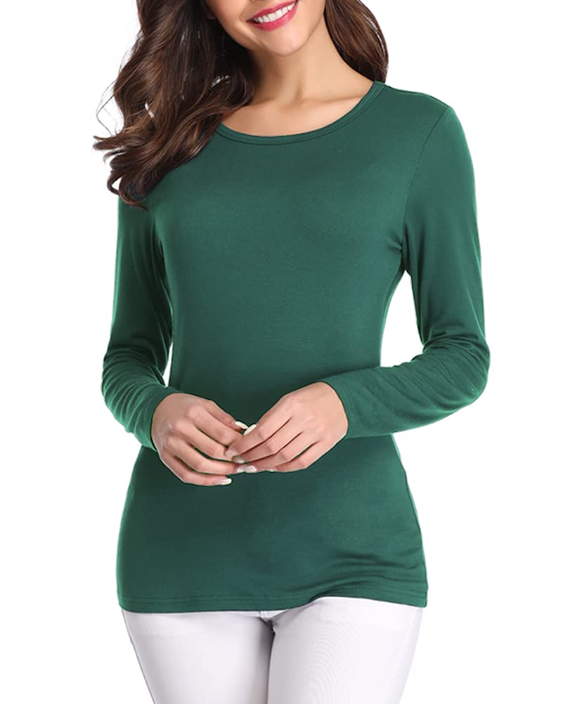 Fuinloth Womens Basic Long Sleeve T Shirts, Crewneck Slim Fit Spandex Tops, Plain Layer Underscrub Tees Forest Green Medium