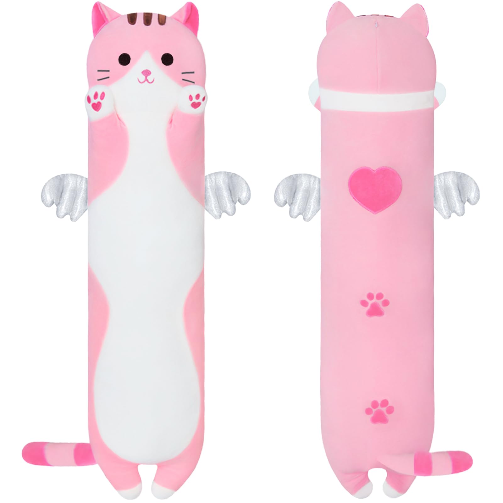 Yeqivo Cute Cat Plush Pillow, Pink Long Cat Stuffed Animals Soft Long Kitten Plushies Kawaii Cat Stuffed Plush Toy For Kids Girl