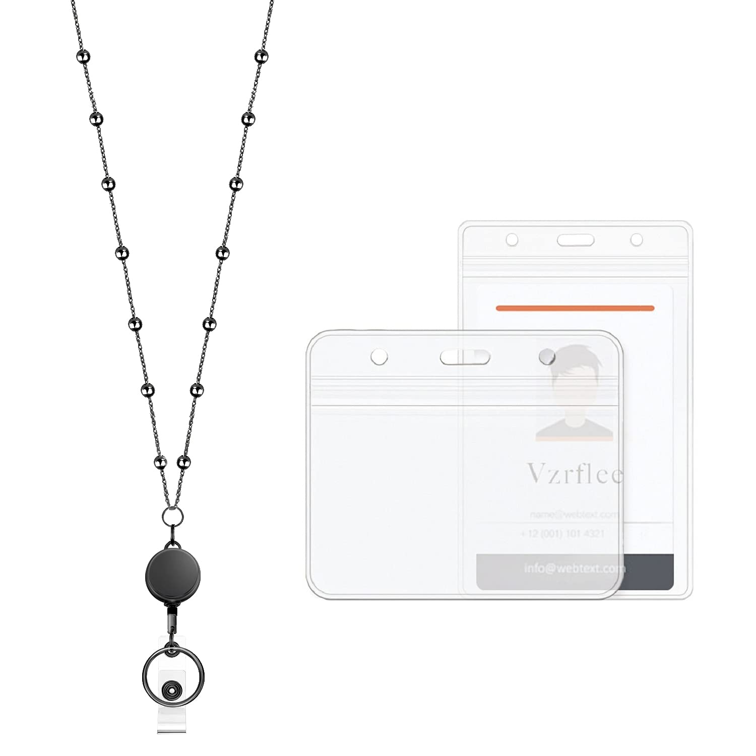 Vzrflee Retractable Badge Reel Lanyard With 2 Pieces Id Holder For Women, Fashion Beaded Chain Premium Stainless Steel Lanyard N