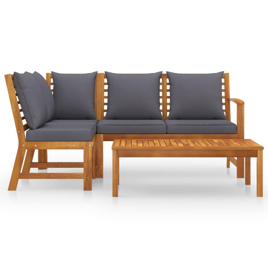 vidaXL Modern Acacia Wood Patio Lounge Set with Cushions, 4-Piece Outdoor Sofa Set Include Bench, Corner Sofa, Middle Sofa and Coffee Table, Easy Assembly - Dark Gray