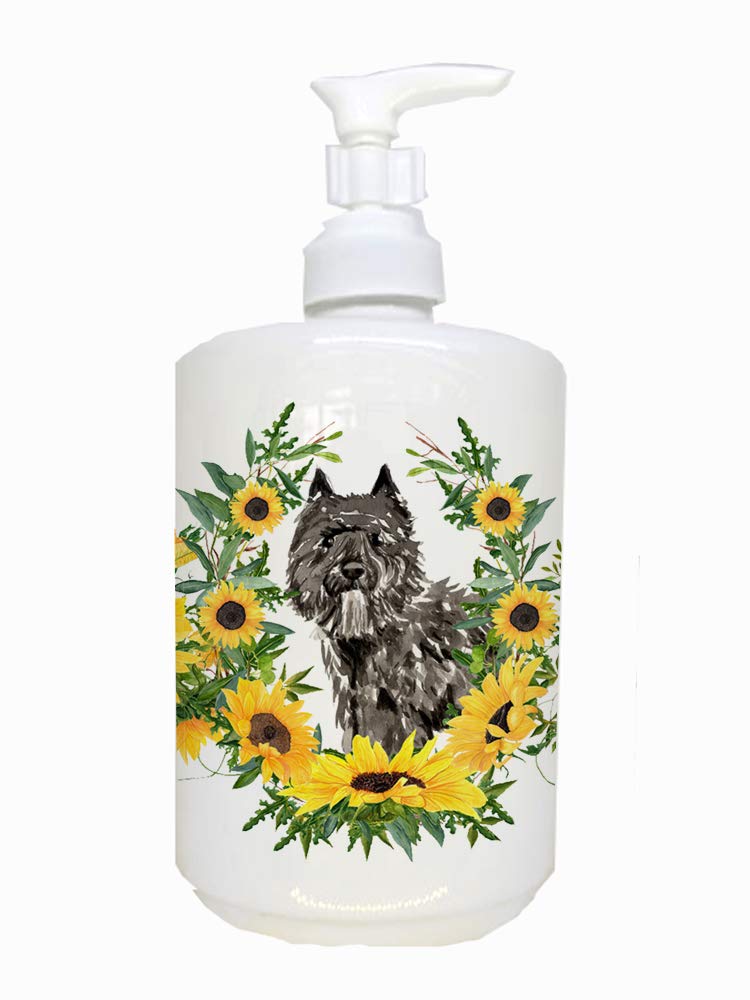 Caroline's Treasures CK2983SOAP Bouvier des Flandres in Sunflowers Ceramic Soap Dispenser Hand Soap Dispenser Pump Bottles for B