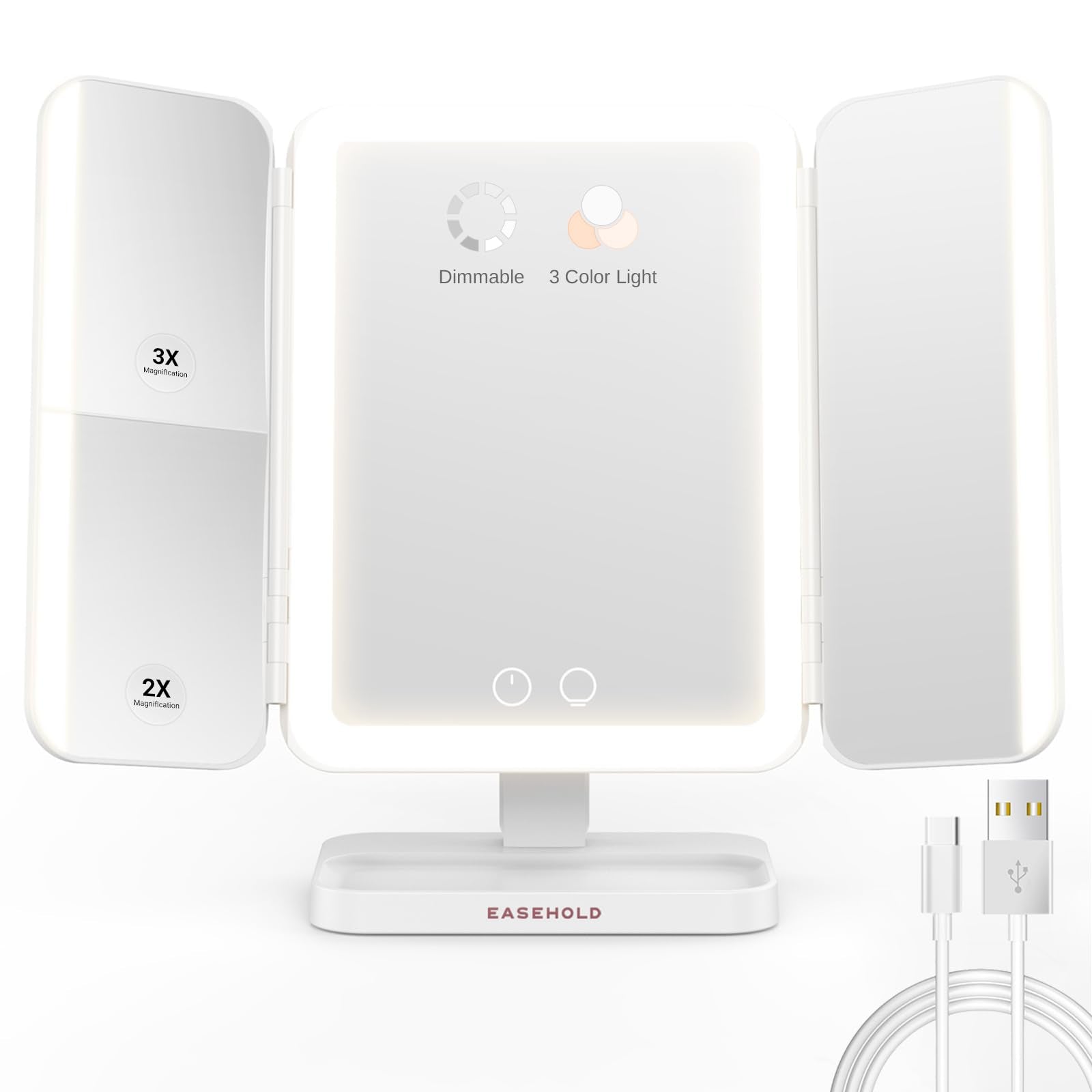 EASEHOLD Rechargeable Vanity Mirror with Lights, 116 LEDs Makeup Mirror, 3-Color Lighted Makeup Mirror, 2X/3X/10X Magnification,