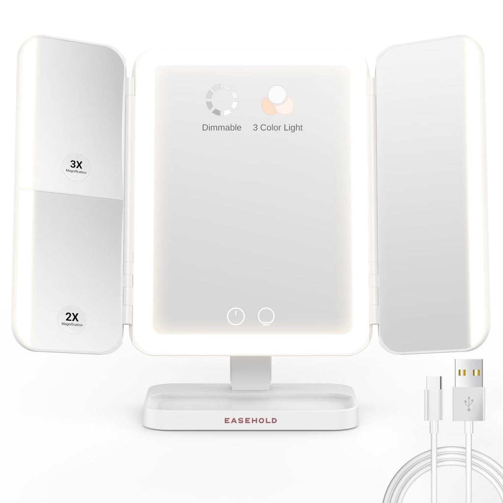 EASEHOLD Rechargeable Vanity Mirror with Lights, 116 LEDs Makeup Mirror, 3-Color Lighted Makeup Mirror, 2X/3X/10X Magnification,