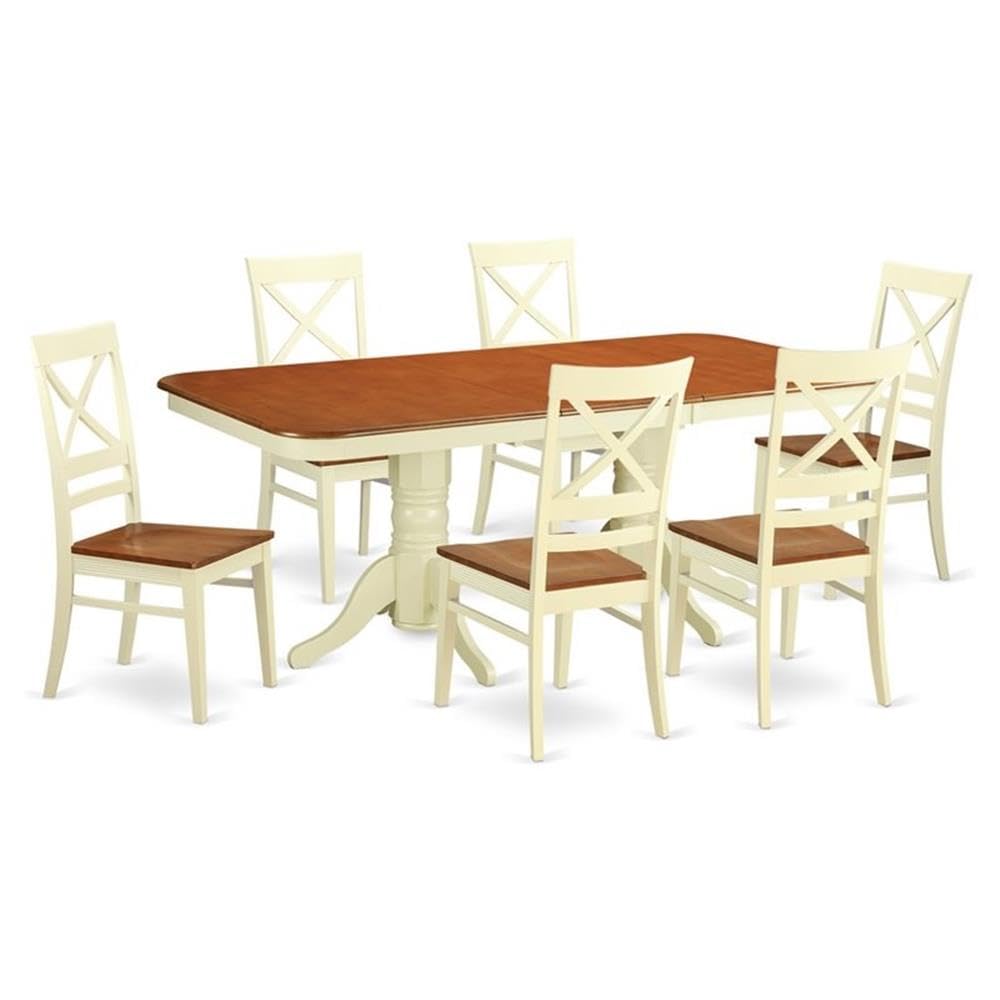 East West Furniture NAQU7-WHI-W 7 Piece Kitchen Table & Chairs Set Consist of a Rectangle Dining Table with Butterfly Leaf and 6 Dining Room Chairs, 40x78 Inch, Buttermilk & Cherry