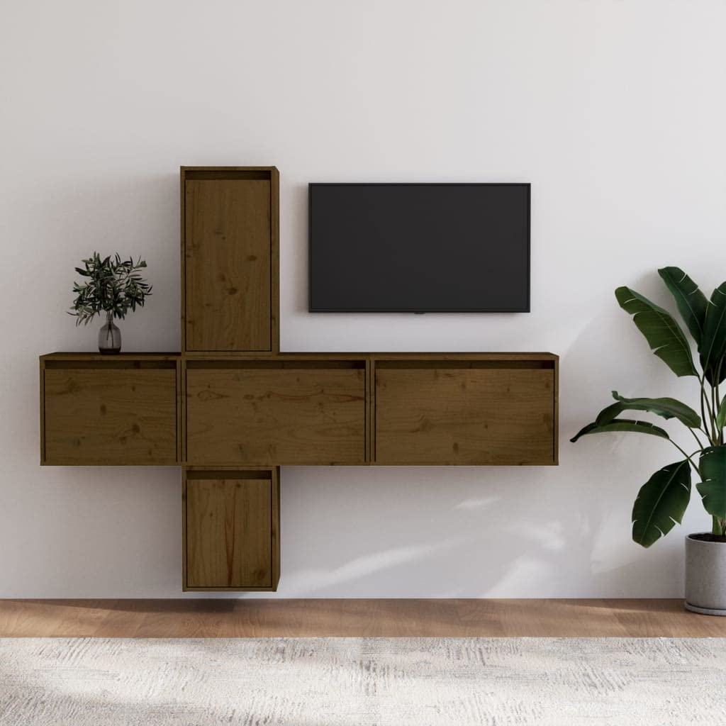 vidaXL TV Stand 5 Pcs, Wall Mounted Entertainment Center TV Console with Storage, Floating TV Stand for Living Room, Honey Brown Solid Wood Pine