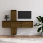 vidaXL TV Stand 5 Pcs, Wall Mounted Entertainment Center TV Console with Storage, Floating TV Stand for Living Room, Honey Brown Solid Wood Pine