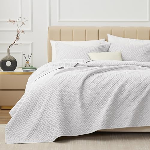 Exq Home Quilt Set Full/Queen Size White 3 Piece,Lightweight Soft Coverlet Squares Pattern Bedspread Set For All Seasons(1 Quilt