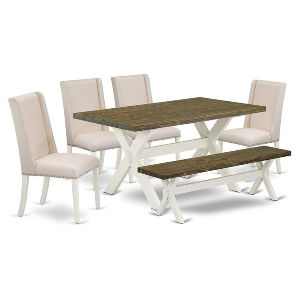 East West Furniture X076Fl201-6 6 Piece Dining Table Set Contains A Rectangle Dining Room Table With X-Legs And 4 Cream Linen Fabric Parson Chairs With A Bench, 36X60 Inch, Multi-Color