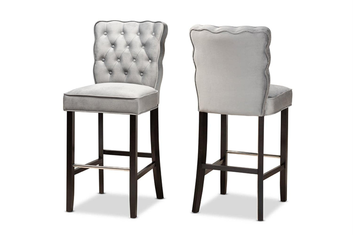 Baxton Studio Daphne Modern and Contemporary Dark Grey Velvet Fabric Upholstered and Dark Brown Finished Wood 2-Piece Bar Stool Set