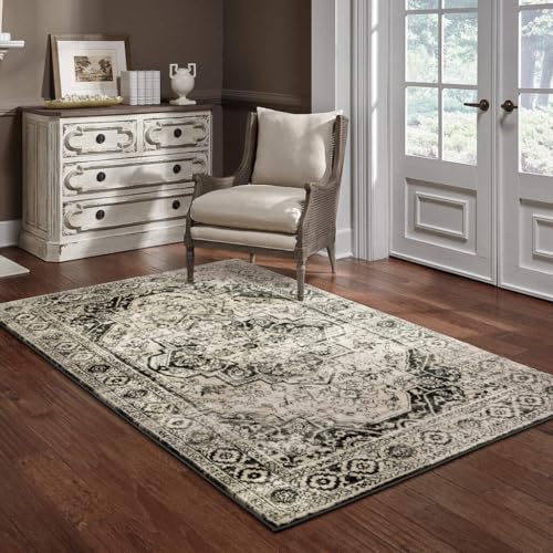 HomeRoots 508976 6 x 9 ft. Black Gray Tan & Ivory Oriental Power Loom Stain Resistant Rectangle Area Rug