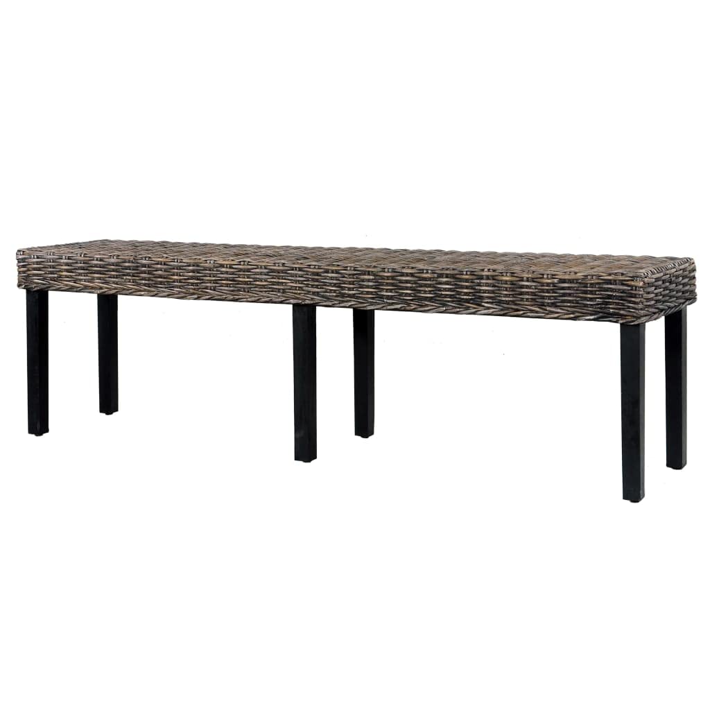 vidaXL Bench 63&quot; Black Natural Kubu Rattan and Solid Mango Wood