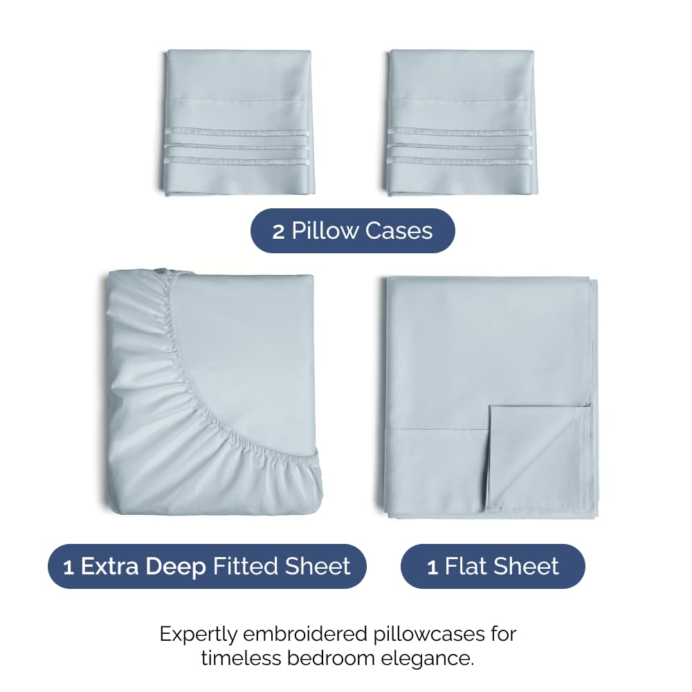 Extra Deep Pocket Cal King Sheets - 4 Piece Breathable & Cooling Bed Sheets - Hotel Luxury Bed Sheet Set - Soft, Wrinkle Free & Comfy - Easily Fits Extra Deep Mattresses - Deep Pocket Sky Blue Sheets