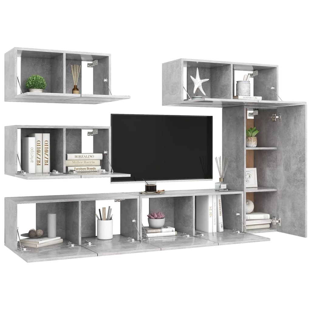 vidaXL TV Cabinet Set 6 Piece Home Living Room Furniture TV Stand HiFi Stereo Cabinet Media Unit Entertainment Center Concrete Gray Engineered Wood