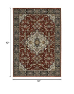 HomeRoots 508086 10 x 13 ft. Red Ivory Blue Navy Gold & Gray Oriental Power Loom Stain Resistant Rectangle Area Rug with Fringe