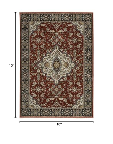 HomeRoots 508086 10 x 13 ft. Red Ivory Blue Navy Gold & Gray Oriental Power Loom Stain Resistant Rectangle Area Rug with Fringe