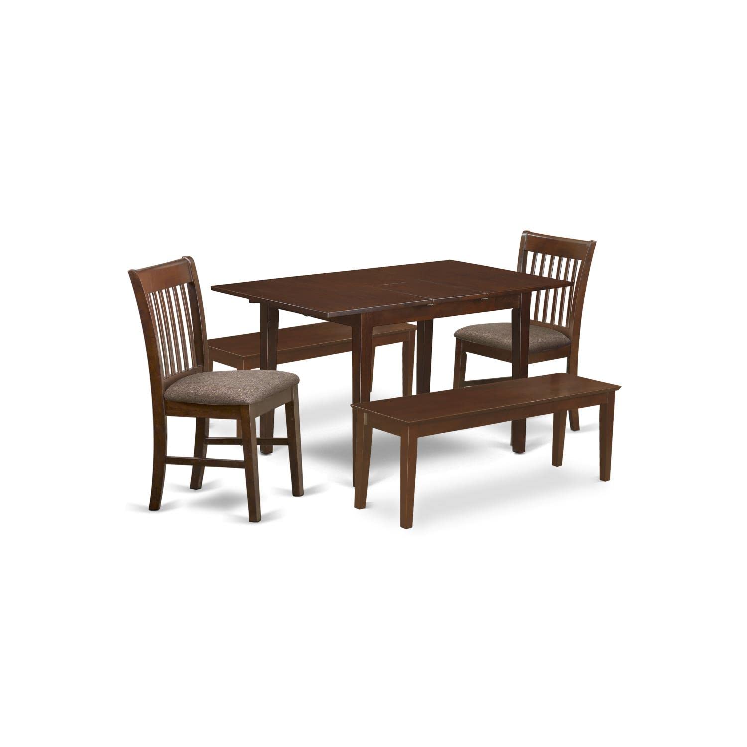 East West Furniture PSNO5C-MAH-C 5 Piece Dinette Set Includes a Rectangle Room Table with Butterfly Leaf and 2 Linen Fabric Dining Chairs with 2 Benches, 32x60 Inch