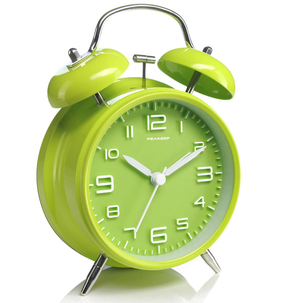 Peakeep 4 Inches Twin Bell Loud Alarm Clock for Heavy Sleepers, Battery Operated Old Fashioned Alarm Clock (Green)