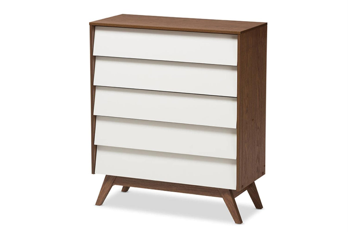 Baxton Studio Hildon Mid-Century Modern White and Walnut Wood 5-Drawer Storage Chest