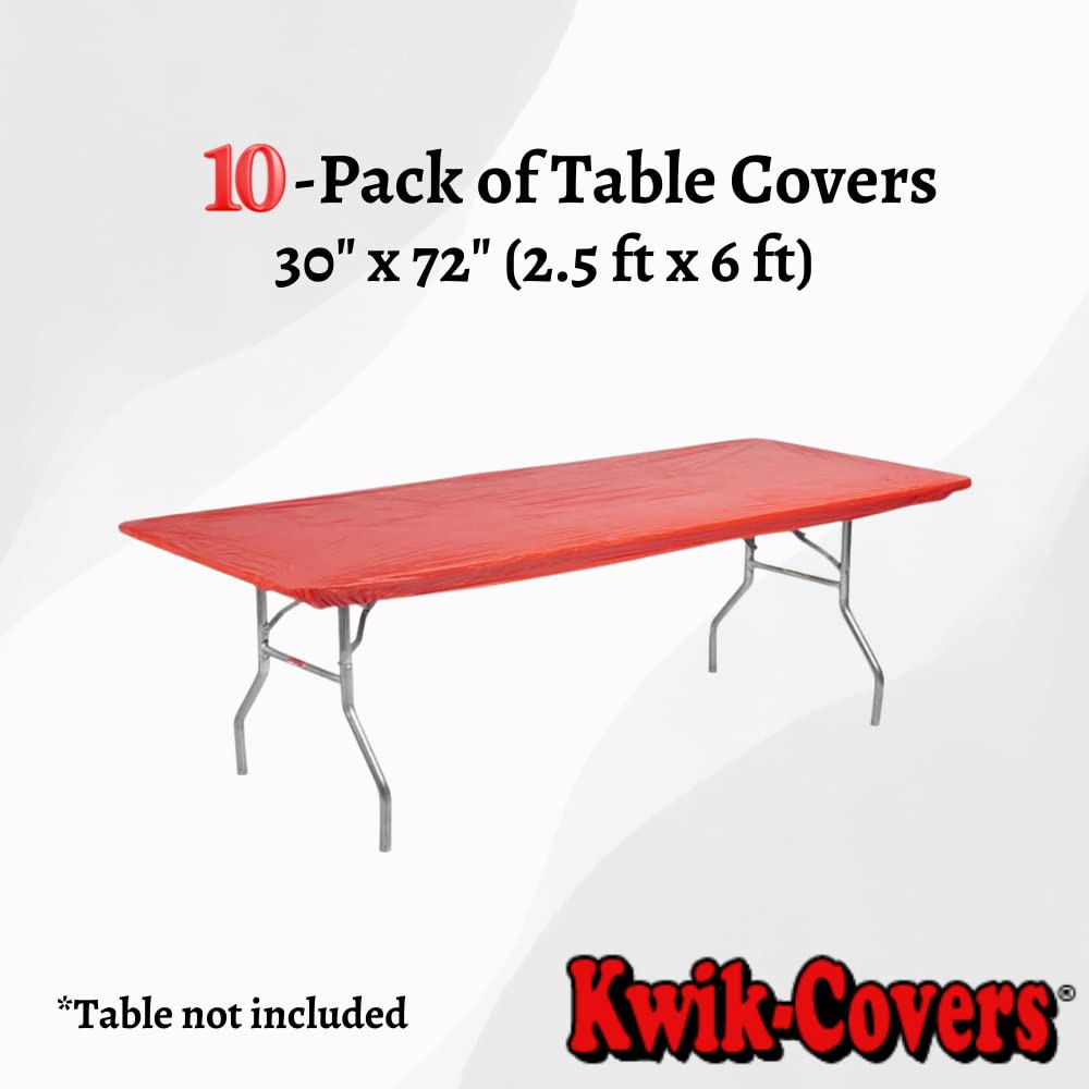 Kwik-Covers Rectangular Plastic Table Covers Bundle Of 10 With One Hundred Forty (140) Ohm Commerce Paper Napkins - Indoor Or Outdoor Fitted Table Covers (Table Not Included) (30X72 10 Pack, Red)