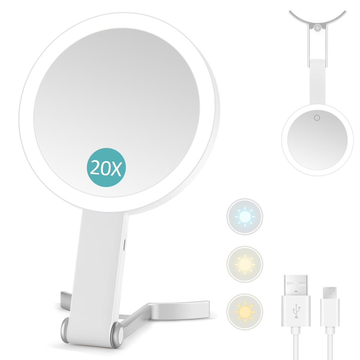 MIYADIVA Magnifying Mirror with Light,20X Magnifying Makeup Mirror with Handheld,Travel Mirror with Lights and Magnification,3 C