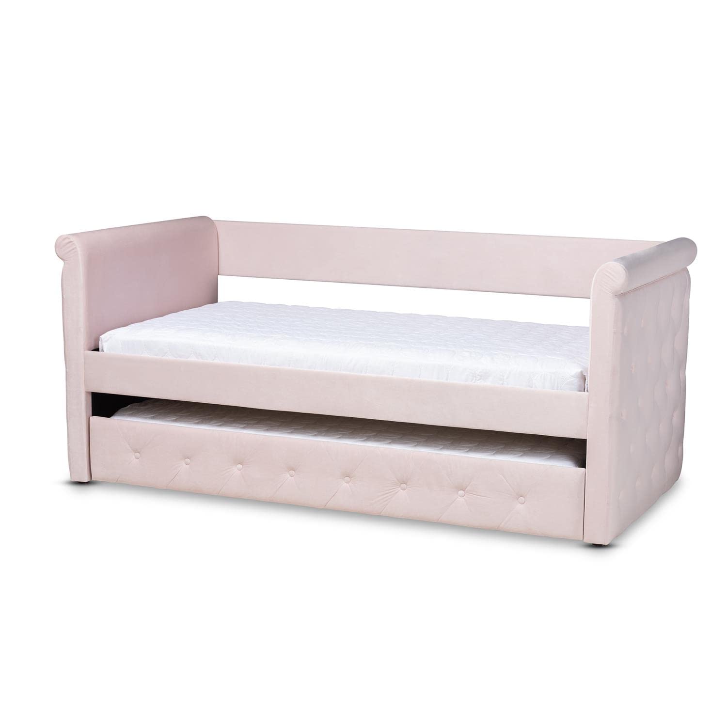 Baxton Studio Amaya Modern And Contemporary Light Pink Velvet Fabric Upholstered Twin Size Daybed With Trundle